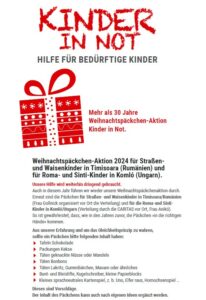 Weihnachtspäckchen-Aktion für Kinder in Not (Abgabe bis zum 26.11.24)